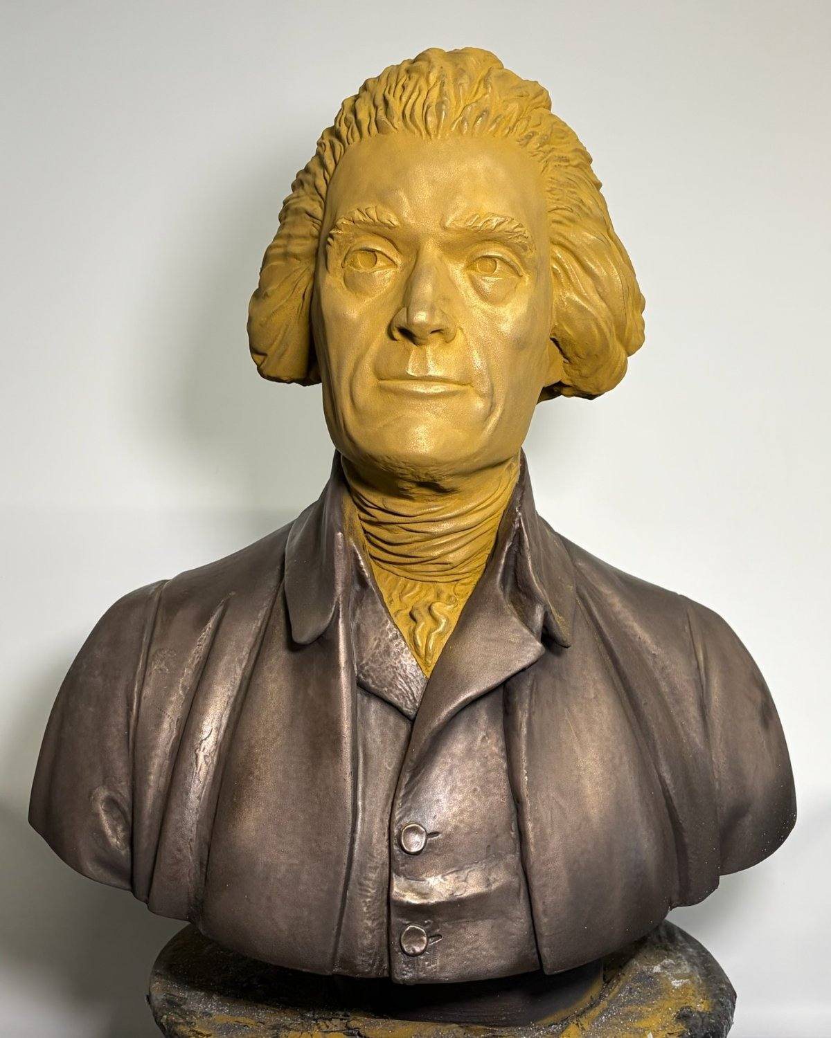 Jefferson bust, front view, brass head over bronze torso