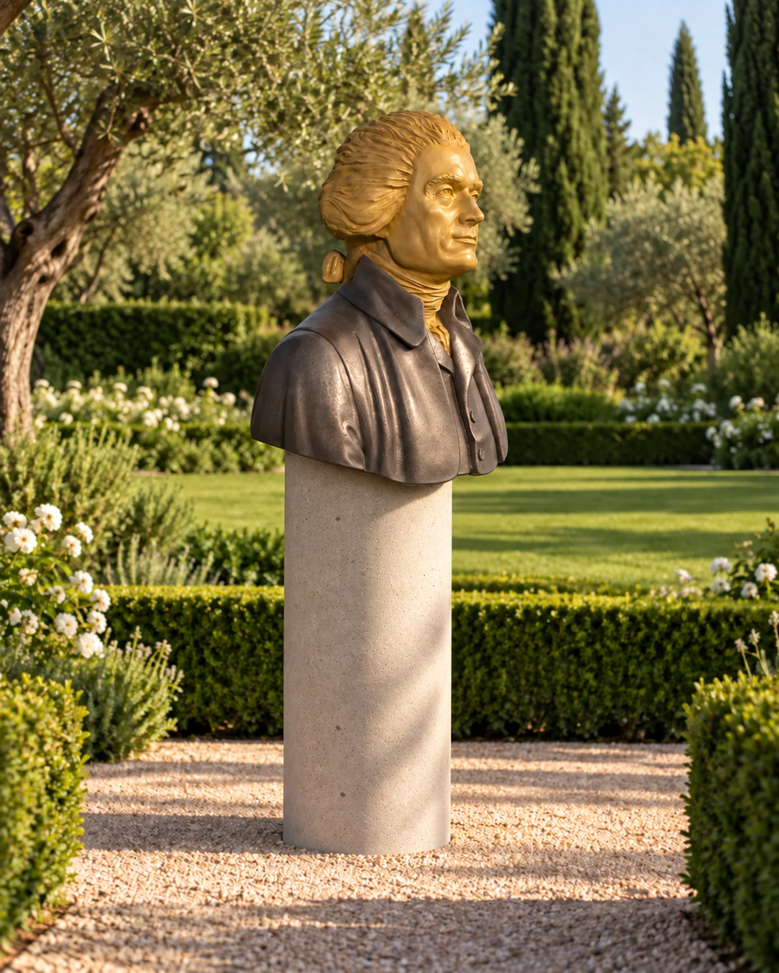 Concept visualization of the bust on a concrete cylinder in a garden